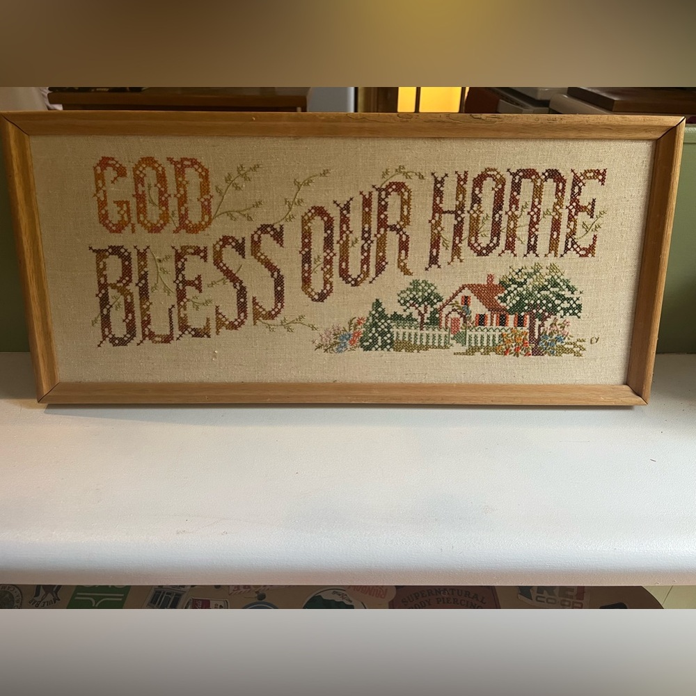 VINTAGE CROSS STITCH “GOD BLESS OUR HOME”
